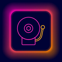 Glowing neon line Ringing alarm bell icon isolated on black background. Alarm symbol, service bell, handbell sign, notification symbol. Colorful outline concept. Vector