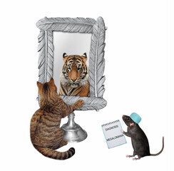 A beige cat sees a tiger in a square mirror. A rat doctor diagnoses him with megalomania. White...