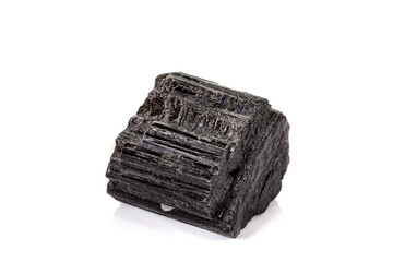 macro mineral stone schorl, black tourmaline on white background