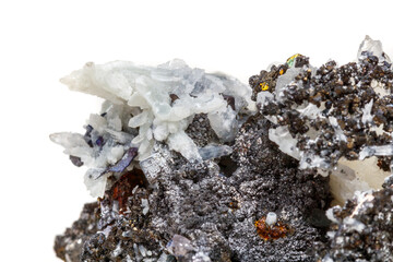 Macro mineral stone Drusus quartz with sphalerite in the rock a white background
