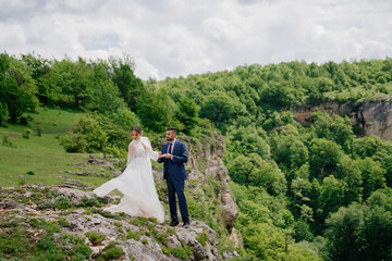 wedding in mountains. beautiful newlyweds against backdrop of mountain forest.