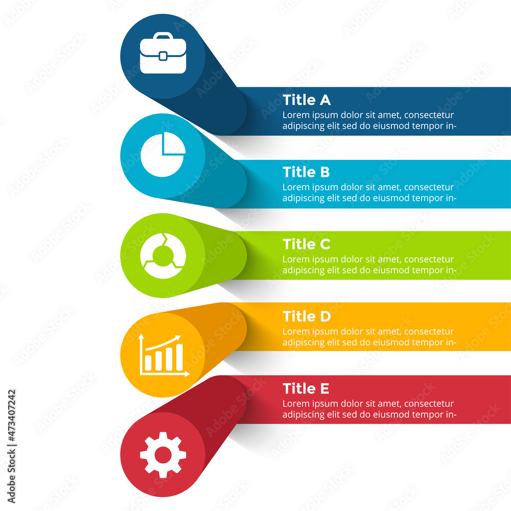 Wall mural 3d vector perspective infographic. presentation template. 5 step options. chart concept. pillars wit