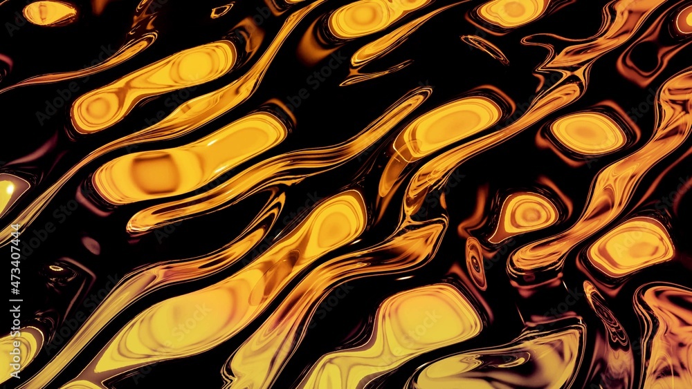Poster abstract background with wavy sparkling golden liquid pattern on shiny glossy surface. viscous yello