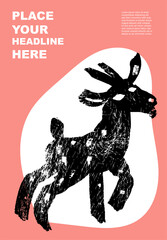 Goat. Abstract domesticated animal poster. Jungle, Forest. Set of contemporary asian art print templates. Ink animals with place for text and geometrical shapes on the background. Vector illustration