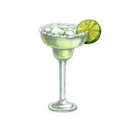 Margarita cocktail with slice lime, ice cube and salt. Vintage hatching