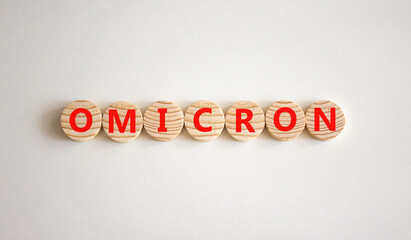Covid-19 new omicron strain symbol. The concept word Omicron on wooden circles. Beautiful white...