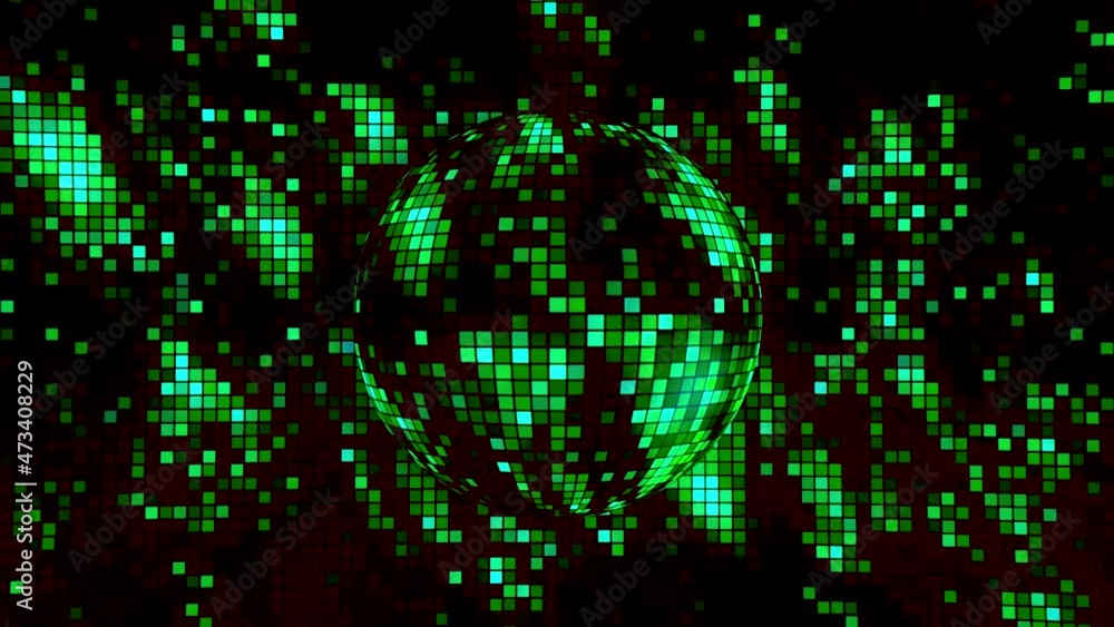 Poster abstract green and black pixelated background with the silhouette of a rotating sphere. motion. shim