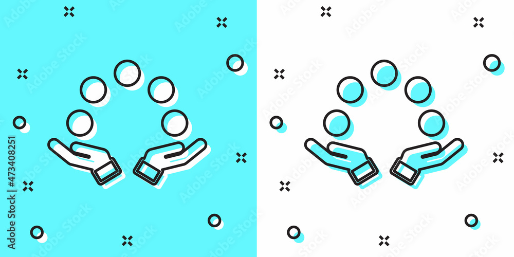 Poster black line juggling ball icon isolated on green and white background. random dynamic shapes. vector