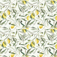 Watercolor pattern with lemons and olives. Repeating pattern with olive branches and ripe lemons for wrapping paper or textiles.