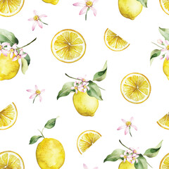 Watercolor seamless pattern with lemons and slices. Hand painted citrus ornament on a white background for design, fabric or print.