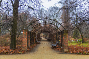 Brick garden house with dry wild grapes in a city park