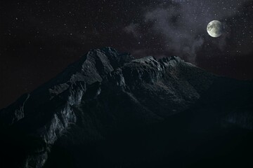 Ice peak in the night with stars and moon, High Tatra, view from Poland, isolated on white