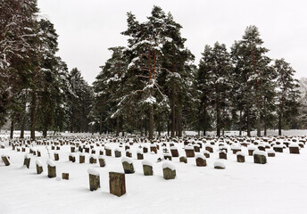 Stockholm woodland cemetery in winter. UNESCO world heritage site. - 473409295