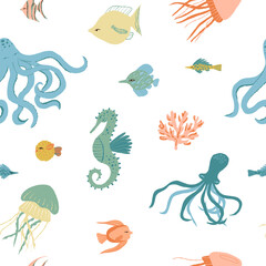 Underwater creatures seamless pattern. Sea, ocean inhabitants: seahorses, jelly fishes, angelfish and pufferfish.