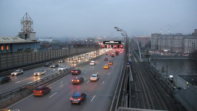 traffic on the bridge at evening  on the TTK highway and MCC near the Gagarina square in Moscow, Russia