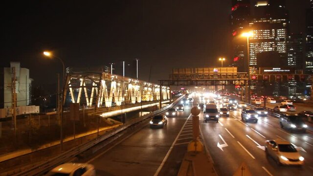 traffic at night on the TTK highway and MCC near the Moscow city downtown, Russia