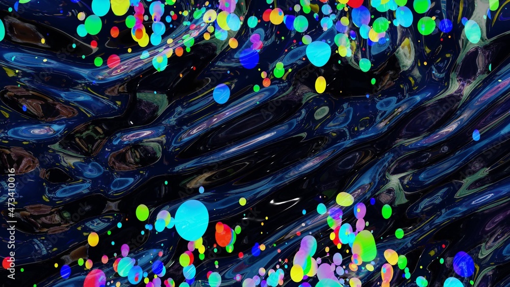 Poster abstract background of shiny glossy surface like wavy transparent liquid with rainbow color circles 