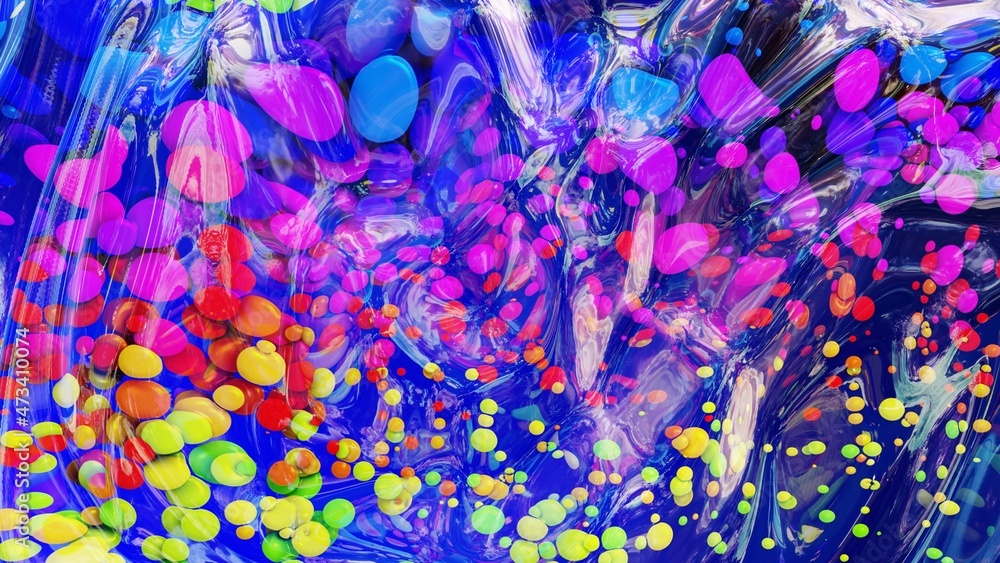 Poster abstract background of shiny glossy surface like wavy blue liquid with rainbow color circles like dr