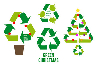 Green Christmas trees with recycling sign, vector set - 473410889