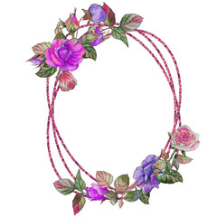 Neon oval watercolor frame with bright pink and  purple roses