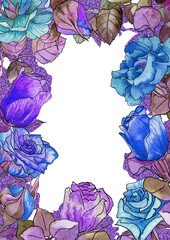 Rectangular  neon frame of bright watercolor roses with glitter and liner outline