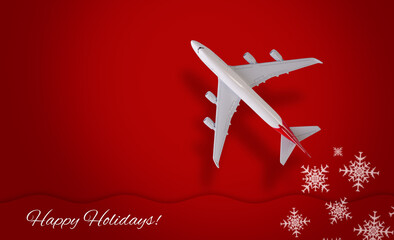Happy holidays concept banner with a photo collage of plain and decorative snowflakes made of airplanes. Merry Christmas and Happy New Year .