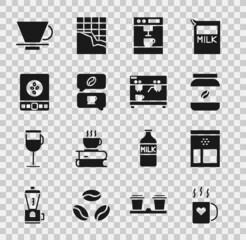 Set Coffee cup and heart, Bag coffee beans, jar bottle, machine, conversation, Electronic scales, V60 maker and icon. Vector