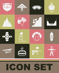 Set Bungee jumping, Surfboard, Skate park, Ski goggles, Helmet, Mountains, Speedboat and Landslide icon. Vector