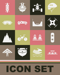 Set Formula 1 racing car, Snowboard, Drone flying, ATV motorcycle, Vintage sport, Ski goggles, Longboard skateboard and Skate park icon. Vector