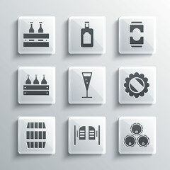 Set Saloon door, Wooden barrels, Bottle cap, Glass of champagne, Bottles wine in wooden box, Pack beer bottles and Beer can icon. Vector