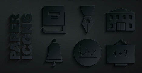 Set Graph, schedule, chart, diagram, School building, Ringing bell, Chalkboard, Fountain pen nib and Book icon. Vector