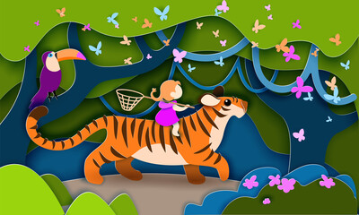 Child girl sitting on tiger walking in jungle. Concept of 2022 Chinese new year