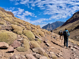  Hikers on Djebel Toubkal trek,North Africa's highest mountain in the High Atlas Mountains, Morocco. 