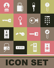 Set Eye scan, Key, Password protection, Locked key, Old, Create account screen and icon. Vector