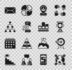 Set Location on the globe, Target with arrow, Award cup, Worker location, Speech bubble chat, Hierarchy organogram chart, Envelope and Ranking star icon. Vector