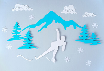 Paper craft ice skating, abstract background winter sport