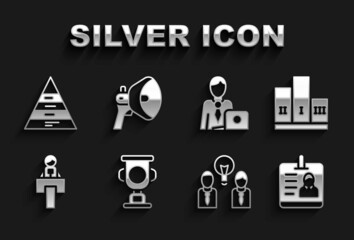 Set Award cup, over winner podium, Identification badge, People with lamp bulb, Stage stand or tribune, Businessman, Pyramid chart infographics and Megaphone icon. Vector