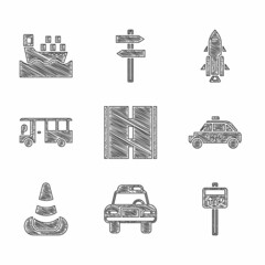 Set Road, Police car and flasher, traffic signpost, Taxi, Traffic cone, Bus, Rocket ship with fire and Cargo boxes icon. Vector