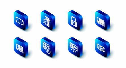 Set Bitcoin, Lock with bitcoin, Credit card, Video graphic, Server, Mining from laptop and Cryptocurrency icon. Vector