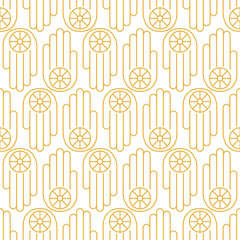 Seamless pattern with Ahimsa hand. Symbol of Jainism in gold color on white background. Line art. Non-violence concept. Design for print on fabric, wrapping paper, wallpaper. Vector illustration