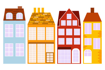 Set of houses in scandinavian style on white background. Сity architecture in Nordic style. Isolated facades european buildings. Retro design for print on wallpaper, packing. Vector illustration