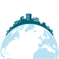 Vector design element.
Planet Earth, on which the silhouette of the city landscape of houses is placed in a semicircle.