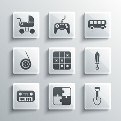 Set Puzzle pieces toy, Shovel, Sword, Tic tac toe game, Toy piano, Yoyo, Baby stroller and Bus icon. Vector