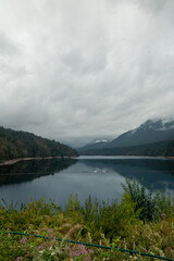 Cloudy day on like mountain lake