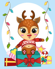 Cute deer smiling christmas with gift
