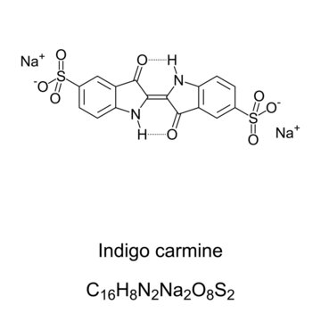 Indigo carmine, chemical formula and structure. Organic salt derived from indigo by aromatic sulfonation, which renders the compound soluble in water. Food colorant and pH indicator, with number E132.