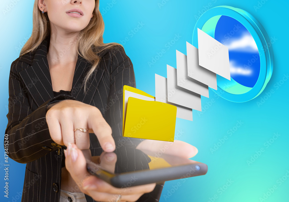 Poster woman copies data to cloud. girl uses cloud storage. concept of data transmission over internet. onl