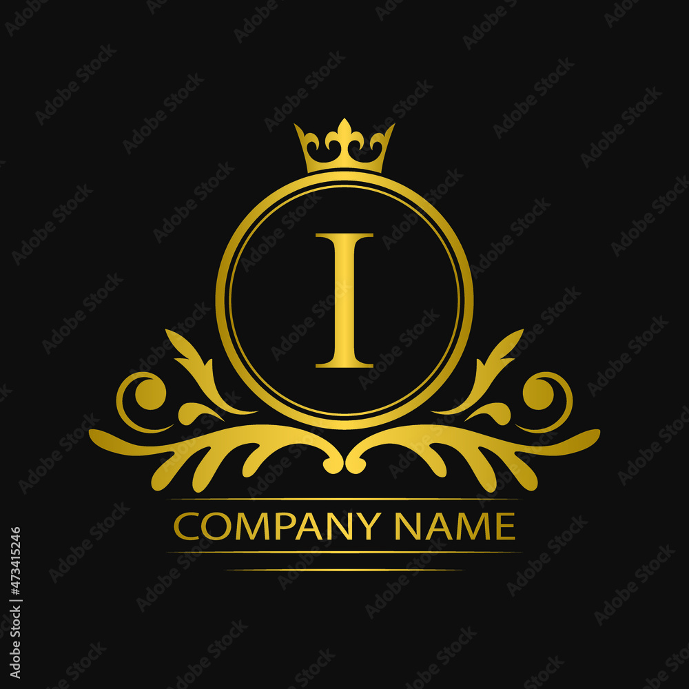 Sticker Golden letter I template logo Luxury gold letter with crown. Monogram alphabet . Beautiful royal initials letter.	