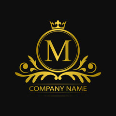 Golden letter M template logo Luxury gold letter with crown. Monogram alphabet . Beautiful royal initials letter.	