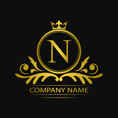 Golden letter N template logo Luxury gold letter with crown. Monogram alphabet . Beautiful royal initials letter.	